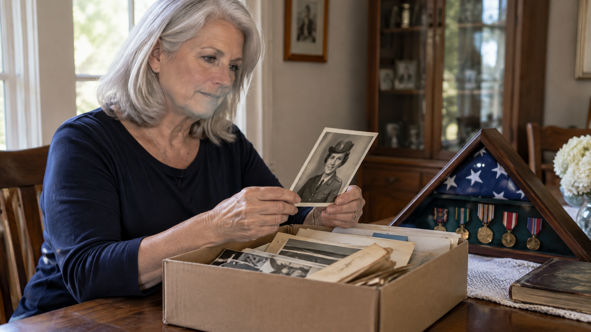 A silver-haired woman veteran sorting a box of her old service records beside a photo of herself in uniform and a folded flag