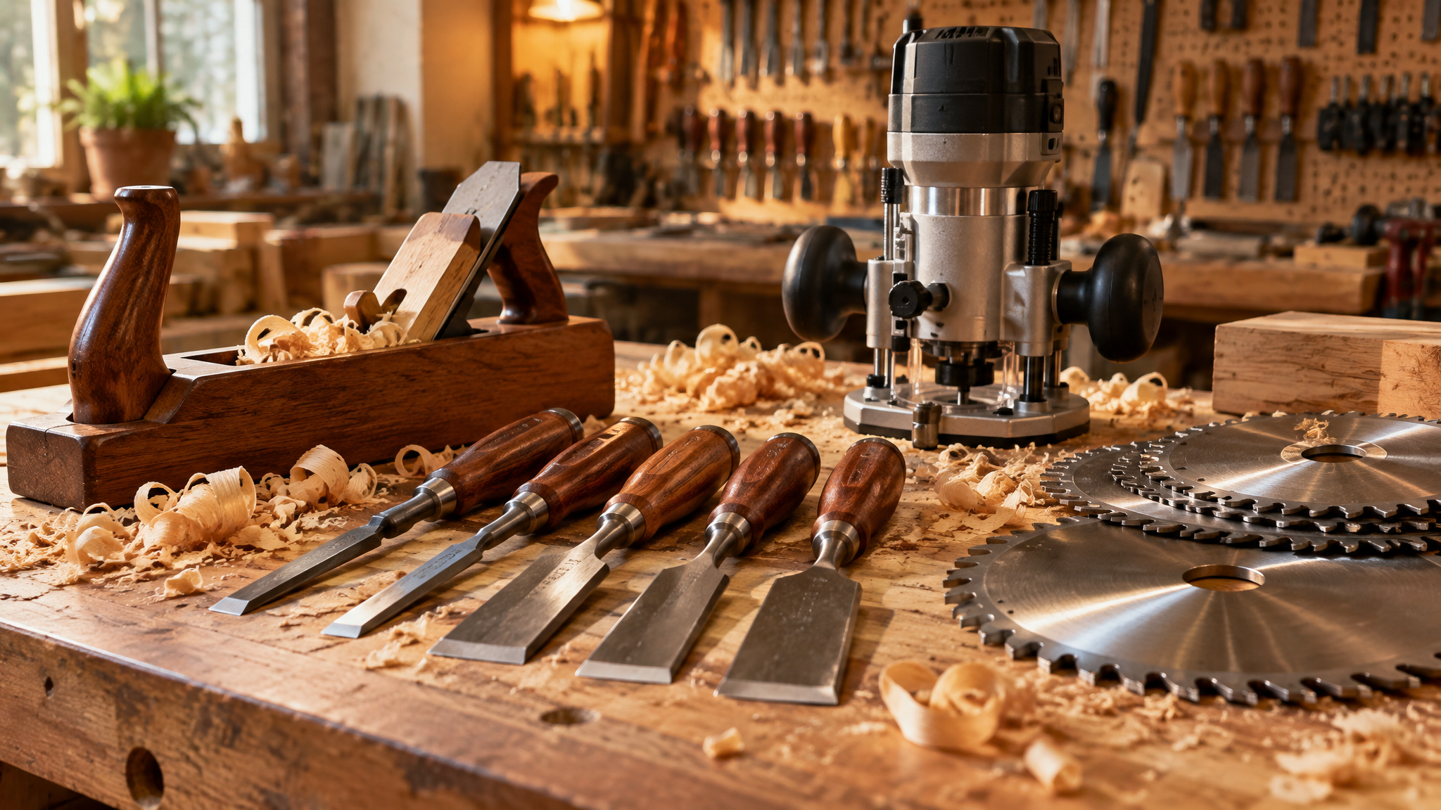 Herramientas de carpintería importadas de calidad en taller de madera