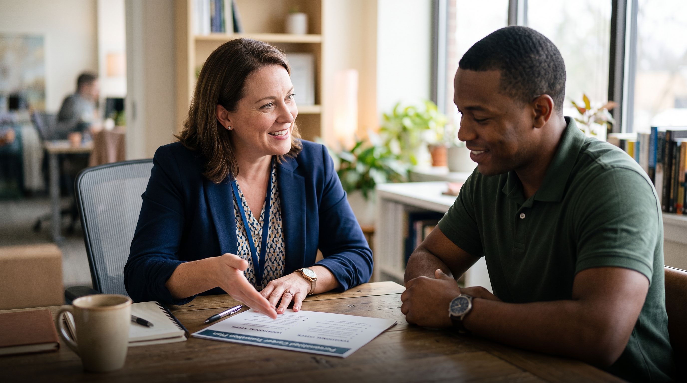 A vocational rehabilitation counselor reviewing a career plan with a veteran