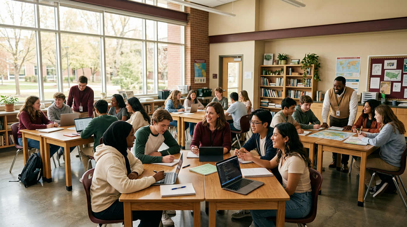 Diverse students and teachers collaborating in a modern classroom