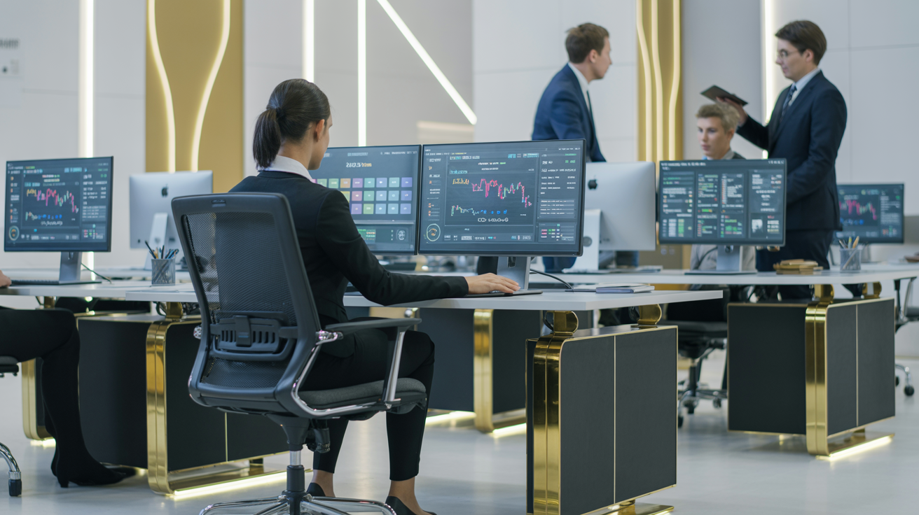 Prize Financial Solutions - Modern office with AI workflow dashboards