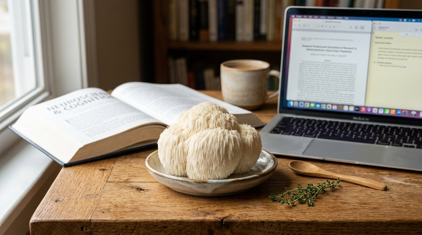 Lion's Mane mushroom with study materials suggesting cognitive focus