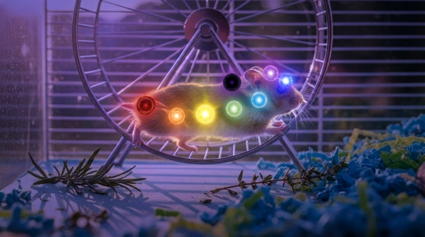 Hrčak sa vidljivim čakrama dok trči u točku. Čakre kod hrčka energija hrčak kretanje energija životinja mali ljubimci balans energije