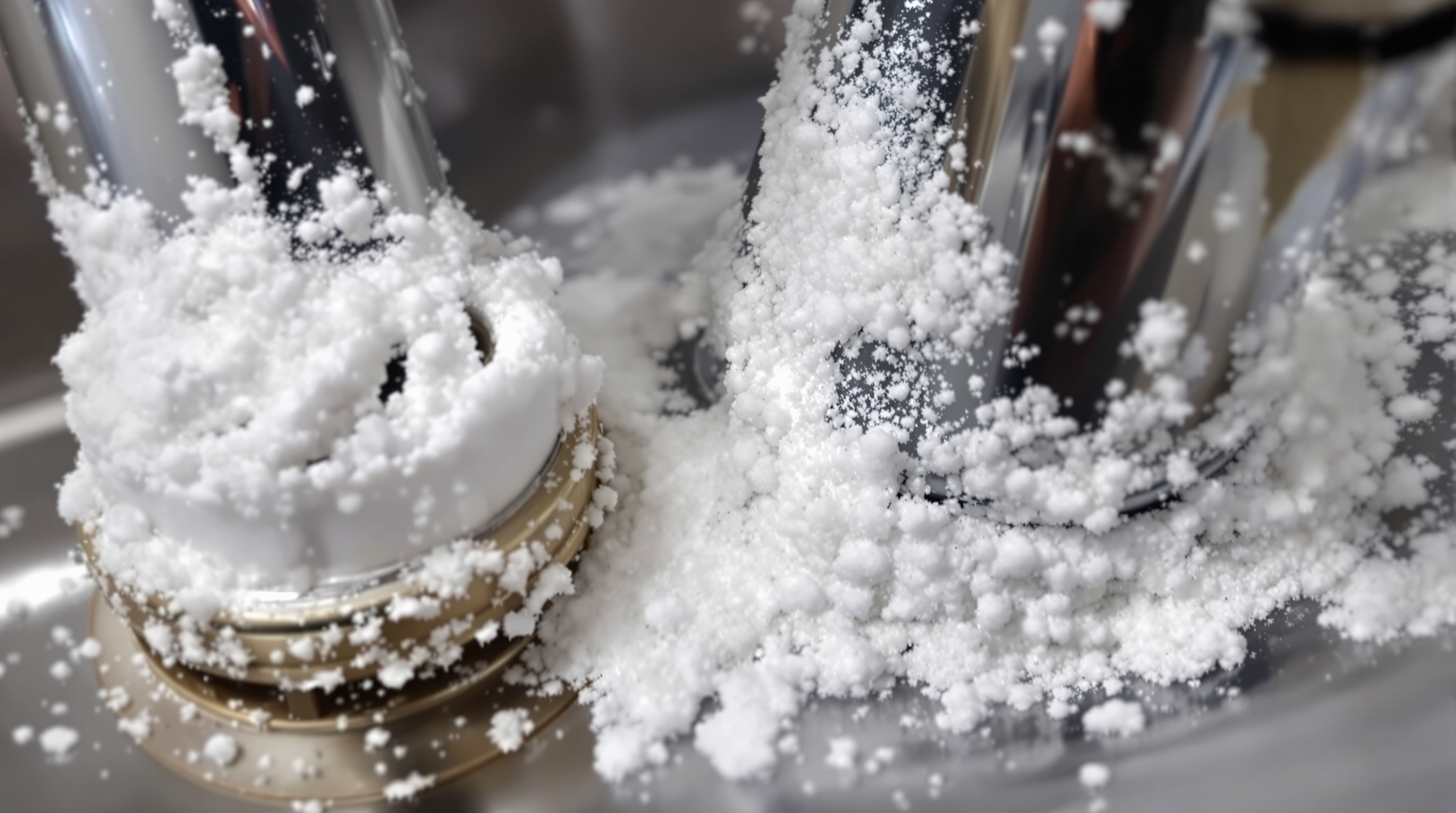 Hard water mineral deposits on plumbing fixtures