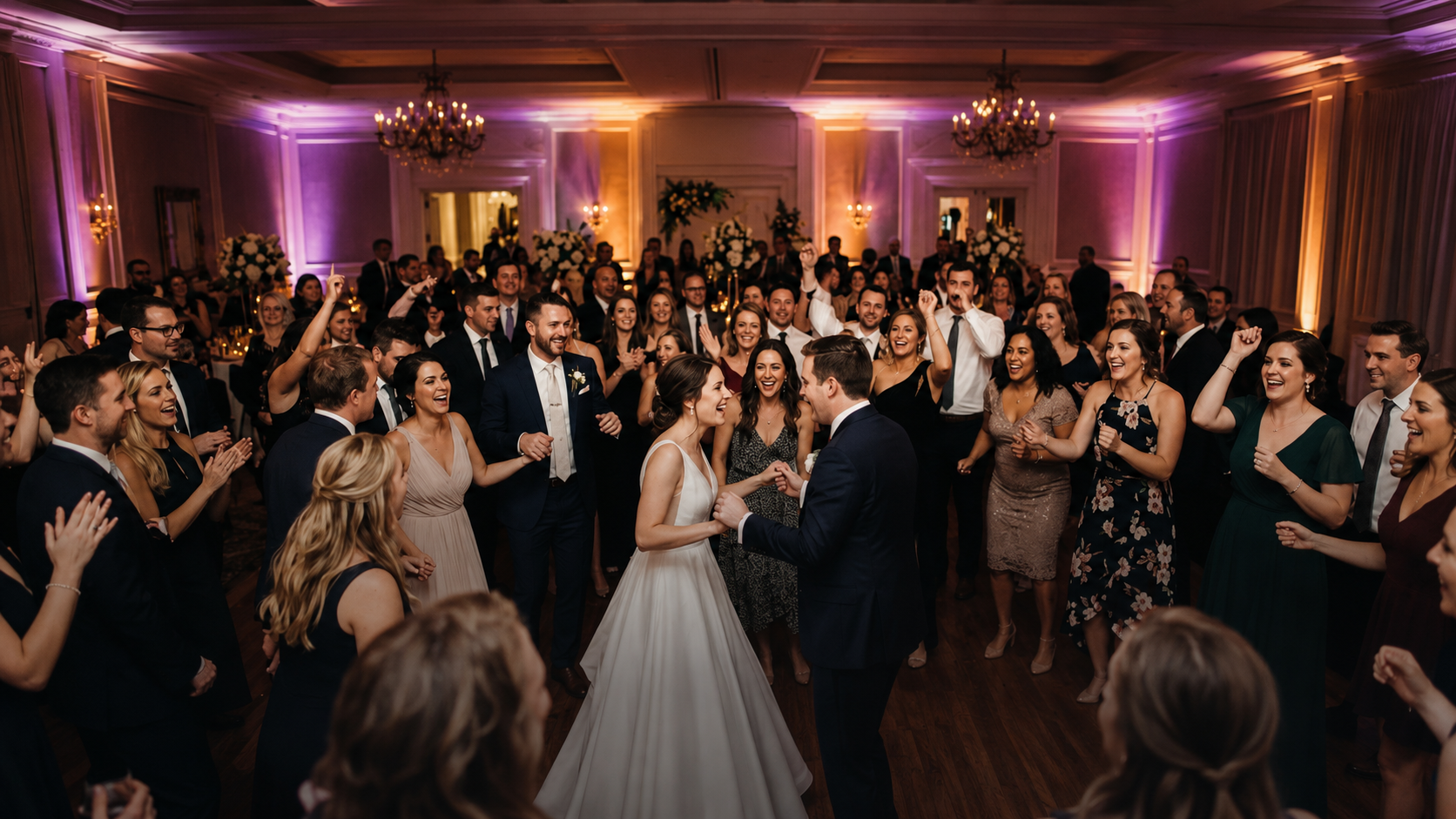 Elegant luxury wedding reception at night with warm uplighting, candlelight and a refined dance floor