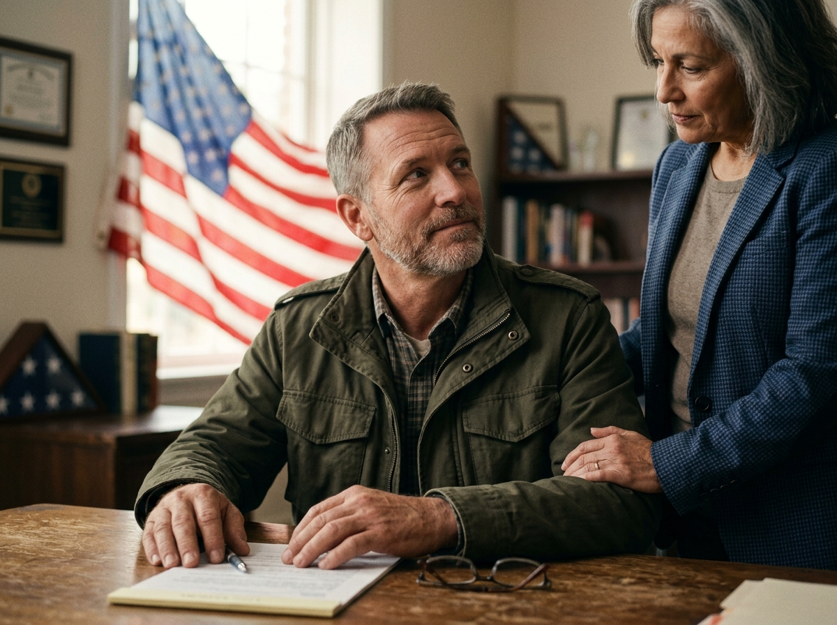 A U.S. military veteran standing with an accredited claims advocate, an American flag softly lit in the background