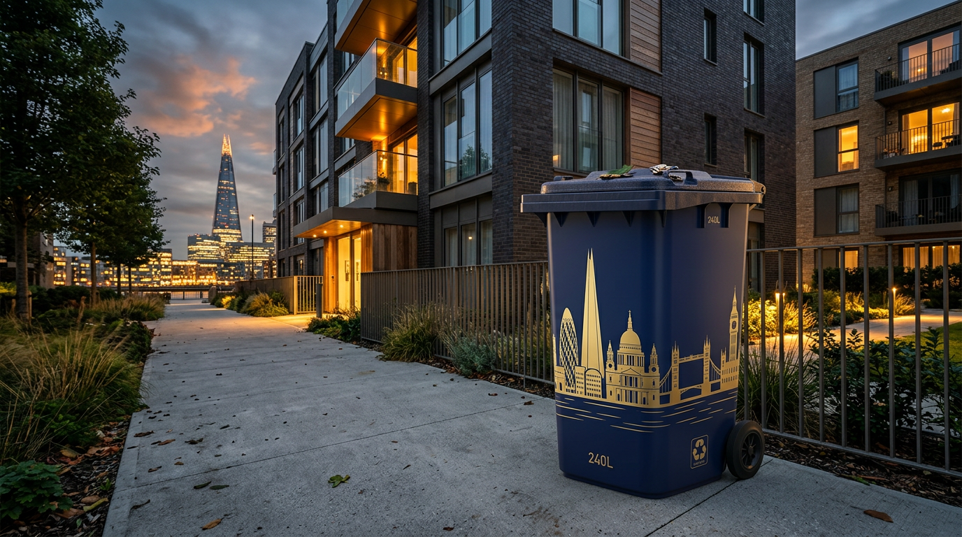 London skyline wrapped wheelie bin at dusk