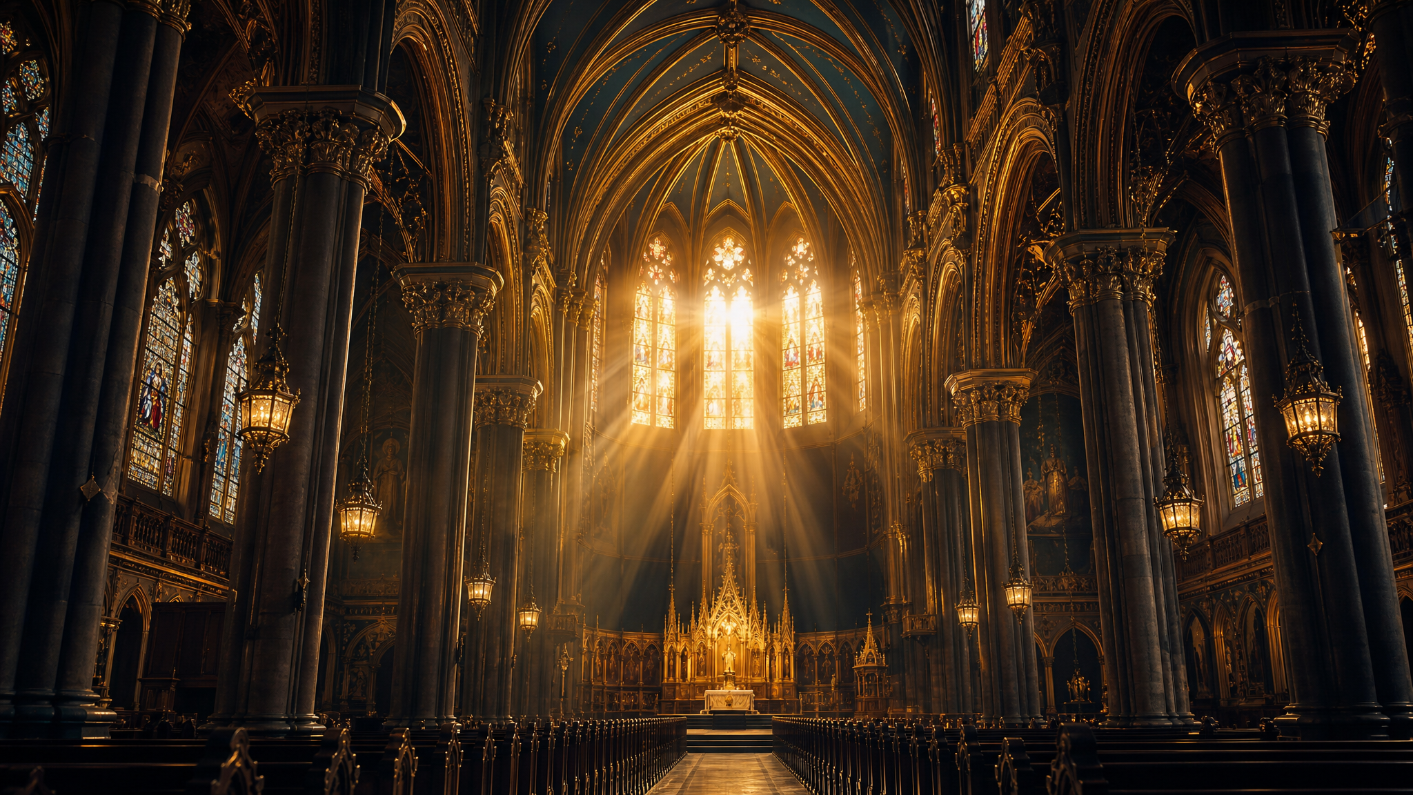 Cathedral interior with golden light streaming through stained glass windows