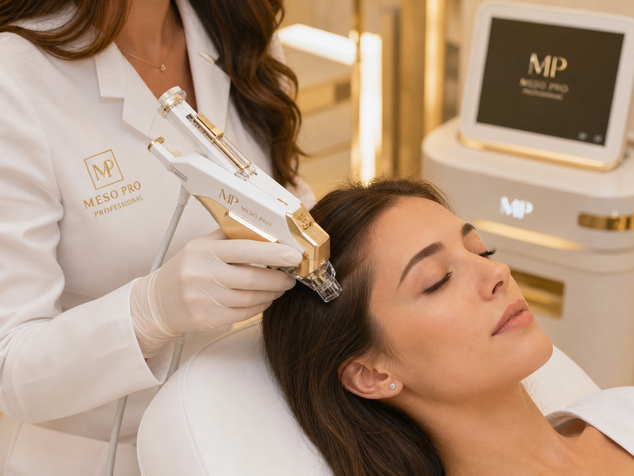 Automated mesotherapy MP injection device delivering PRP evenly across the scalp