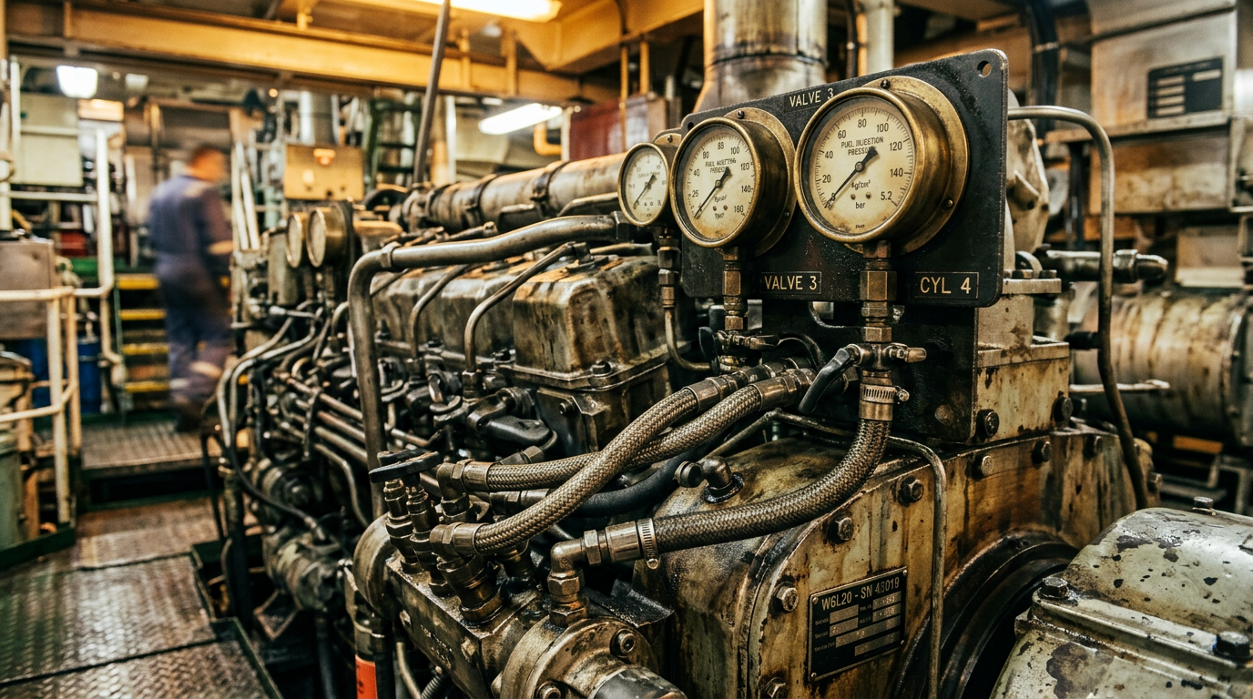 Marine diesel engine room with fuel lines and gauges needing monitoring