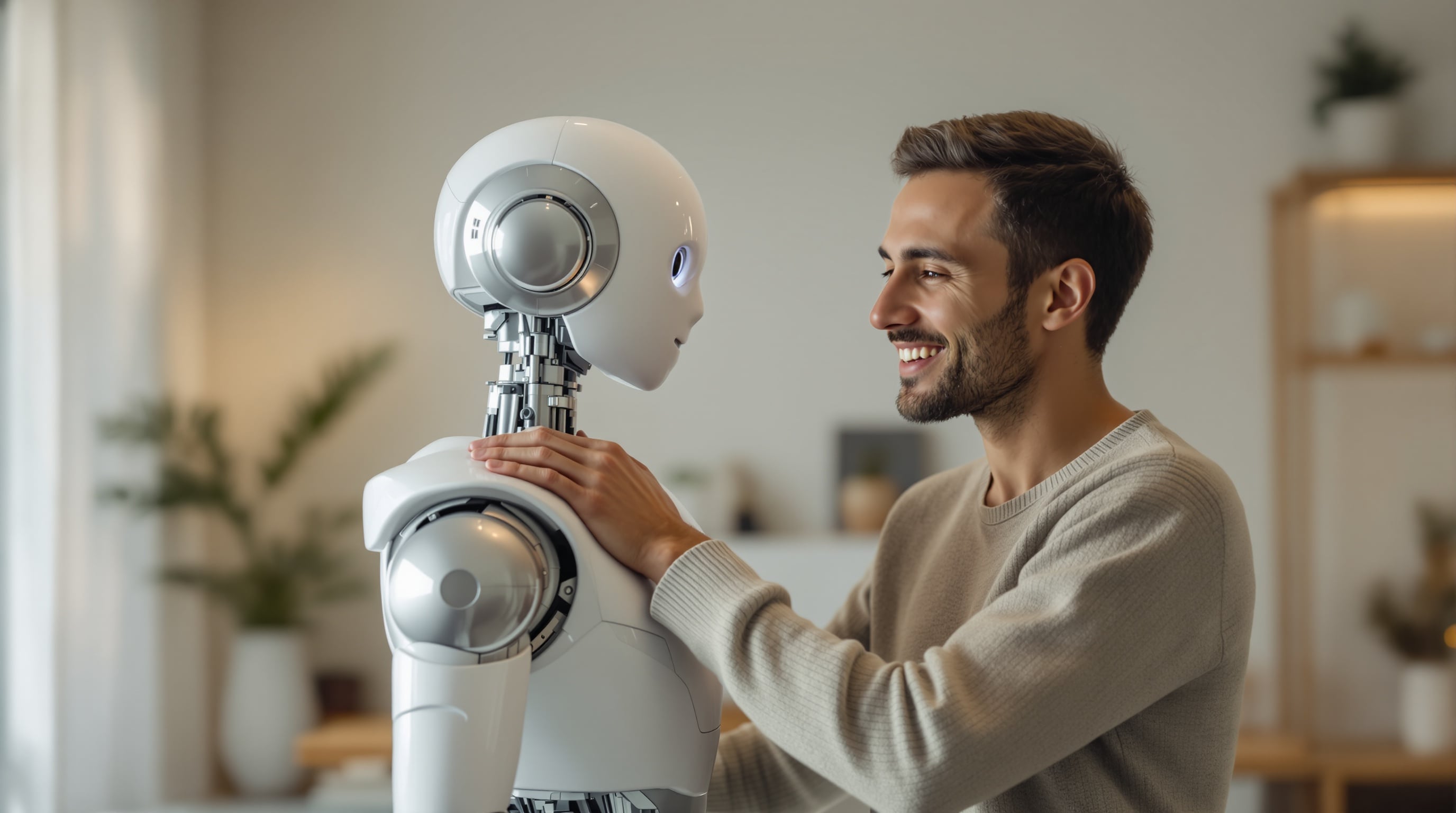 Čovek sa osmehom komunicira sa humanoidnim robotom, simbol povezanosti između ljudi i veštačke inteligencije