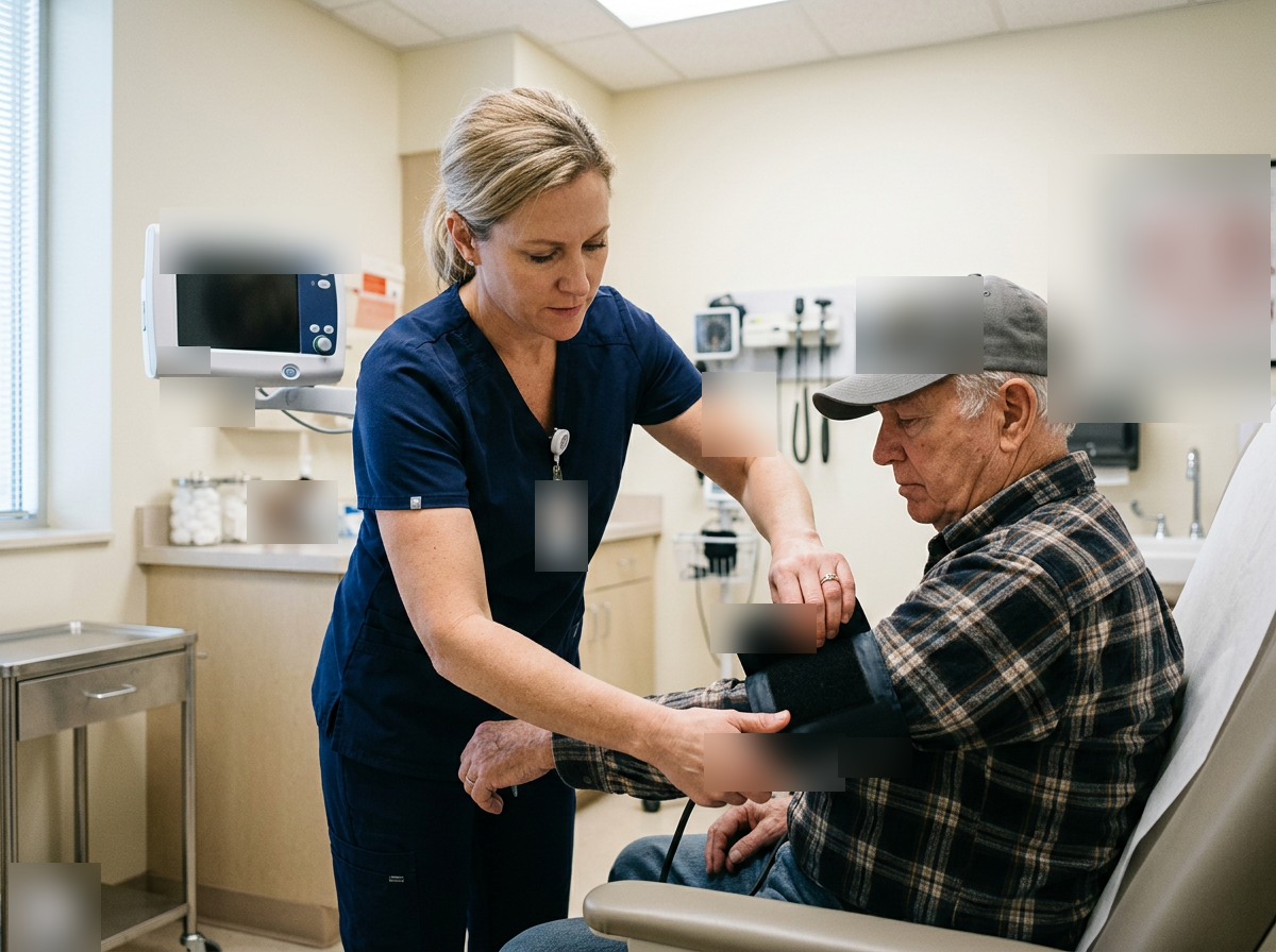 Female nurse taking the blood pressure of an older male veteran with a blood pressure cuff in a clinical exam room