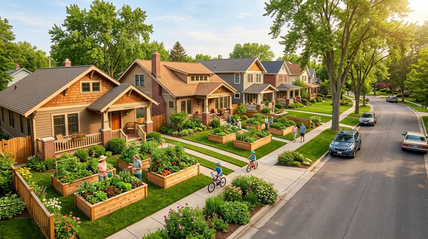 Suburban neighborhood with beautiful raised garden beds