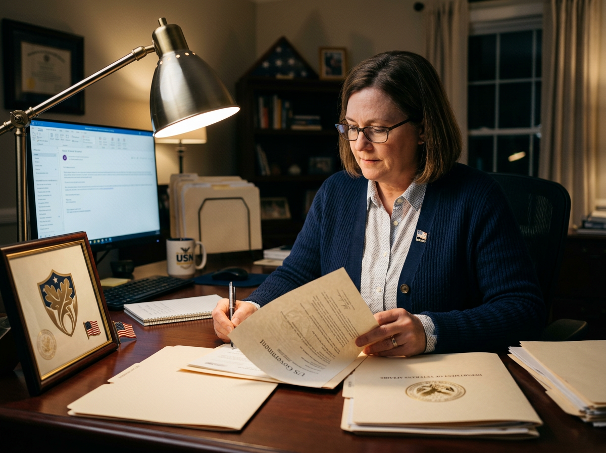 Woman veteran carefully reviewing official government documents at her desk