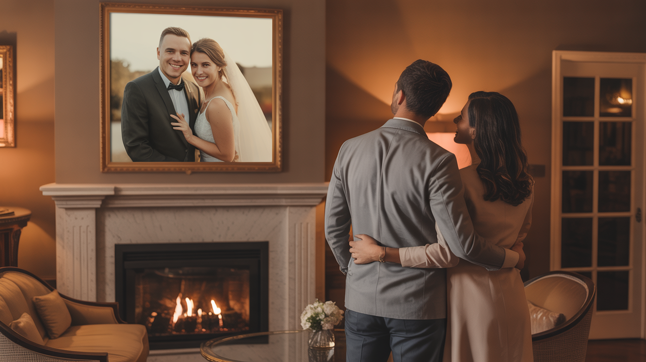 Couple admiring their custom wedding portrait painting in their home