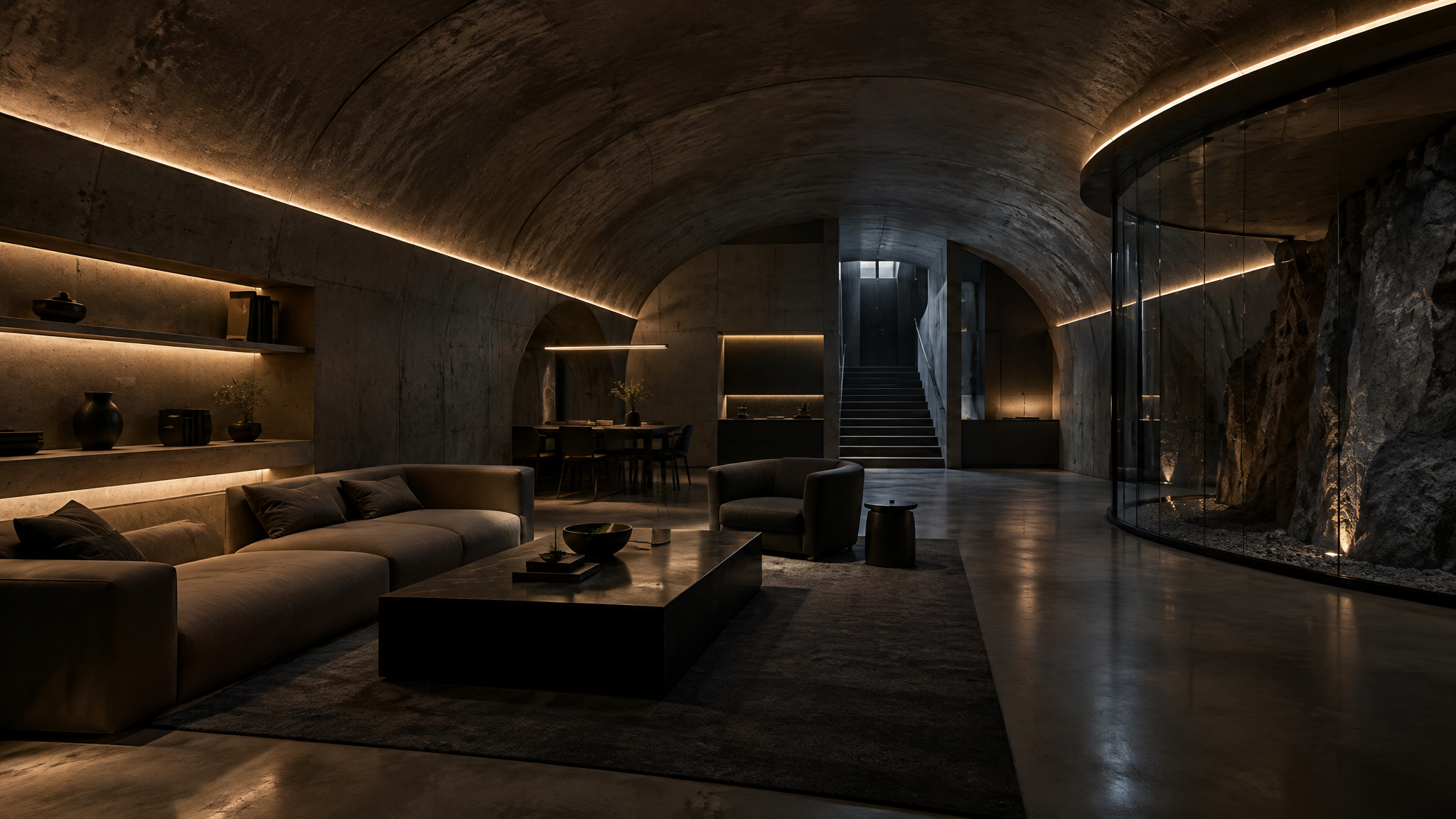 Modern underground bunker interior with atmospheric lighting