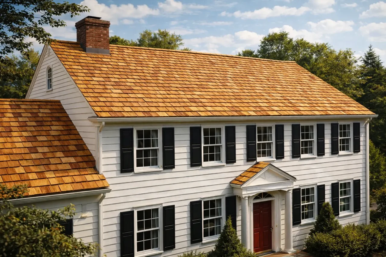 Traditional colonial with golden cedar shingles
