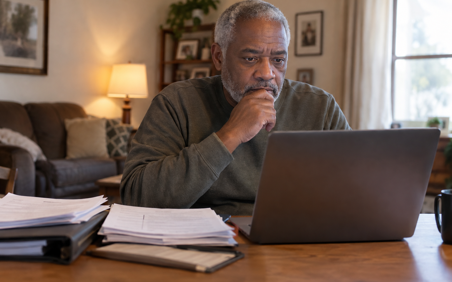 A veteran checking his claim status on a laptop with his papers beside him