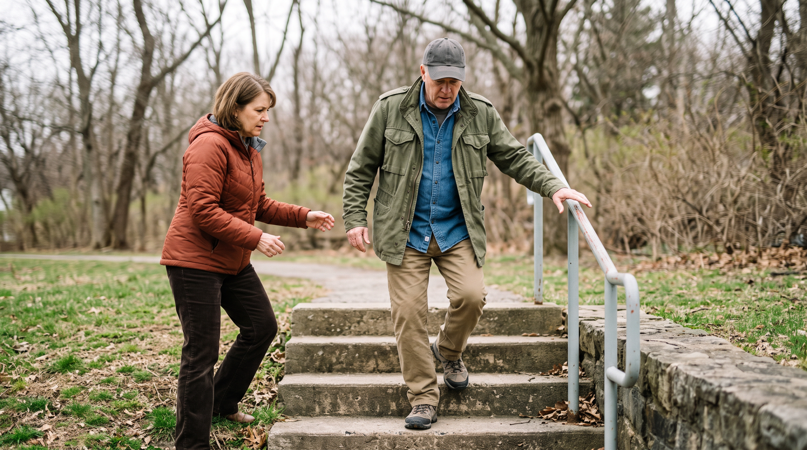 White male veteran stumbling on outdoor steps due to depth perception problems related to TBI