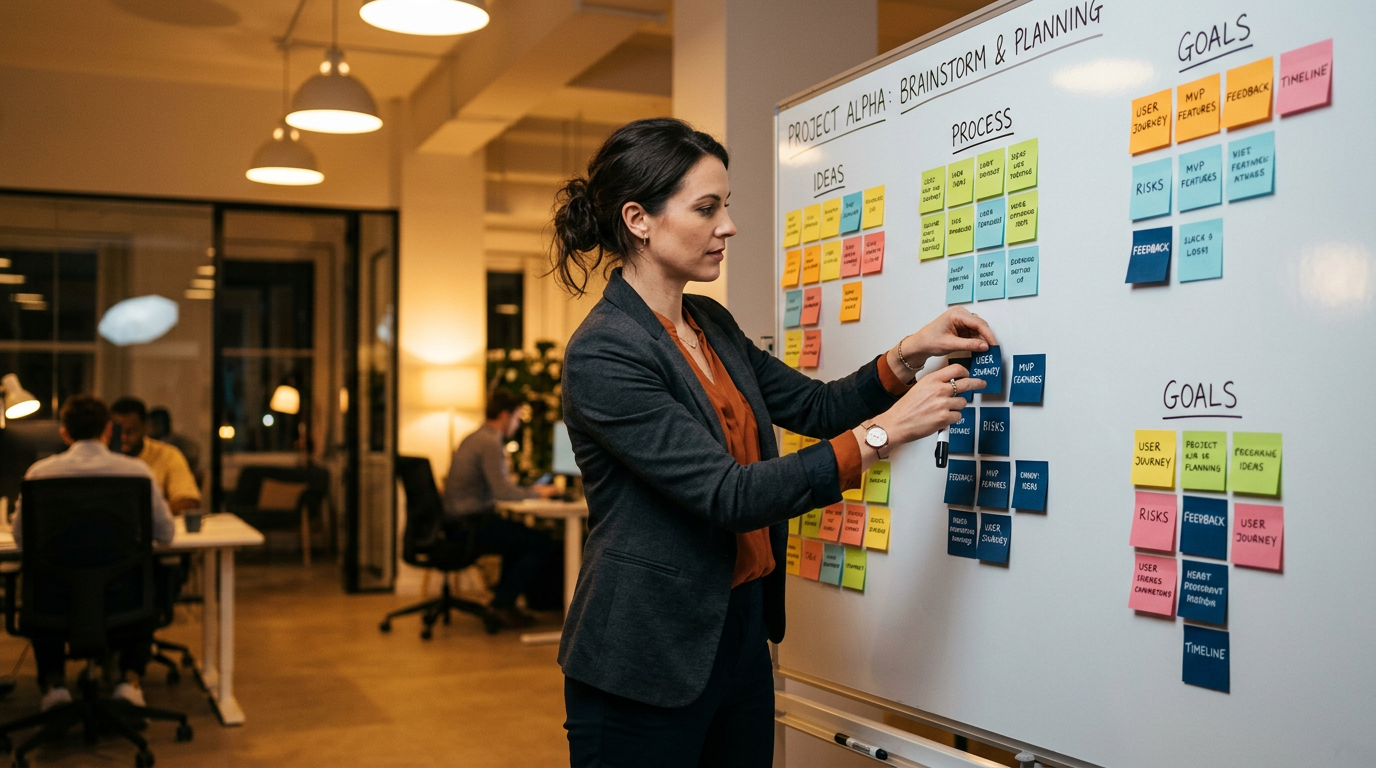 Pessoa organizando ideias com sticky notes no quadro branco