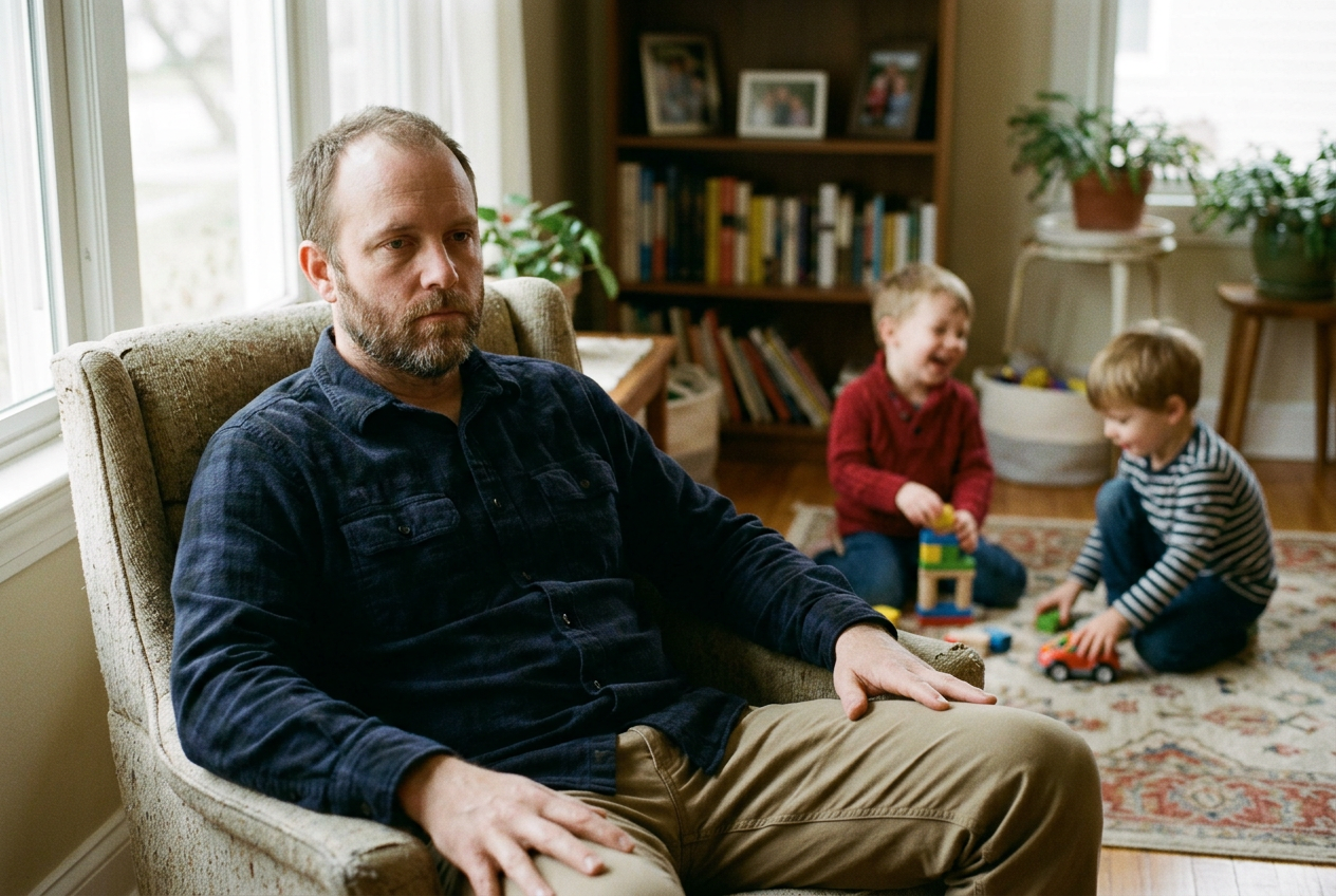 A man sitting passively in a living room chair, completely detached, while his children play happily in the blurred background
