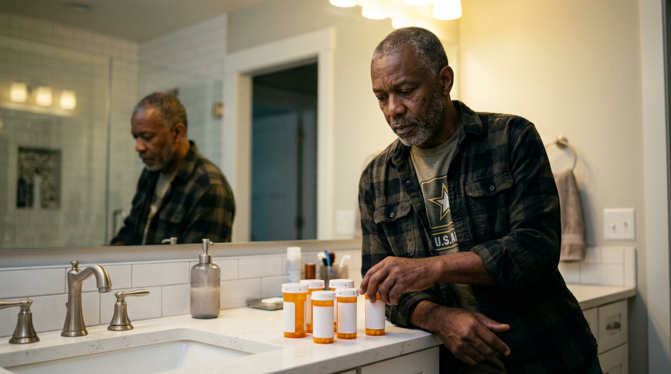 Veteran looking at multiple prescription medication bottles on a bathroom counter