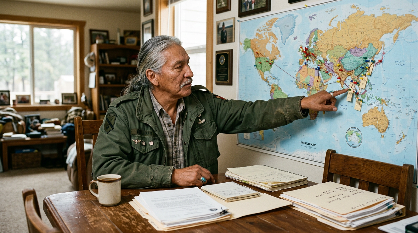 A veteran pointing at deployment pins on a world map with his papers beside him