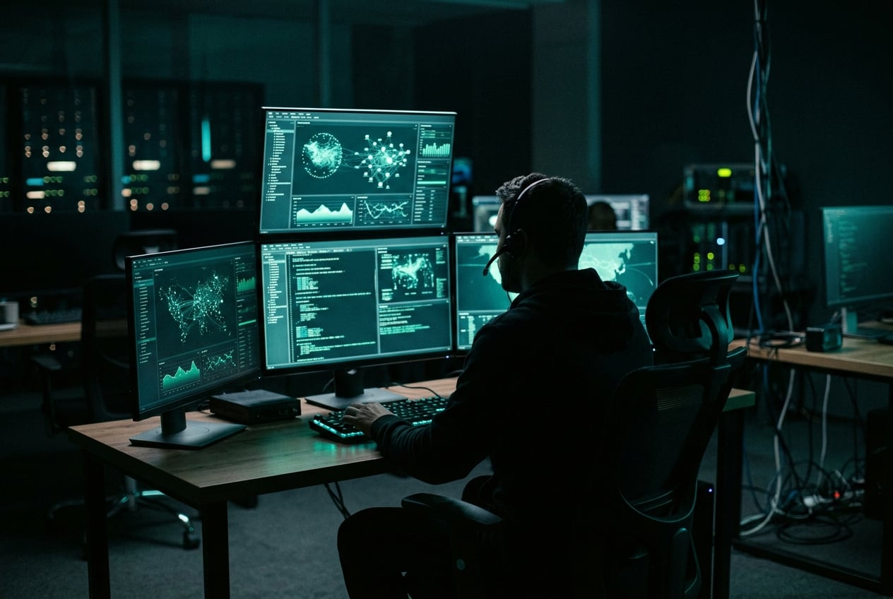Security analyst reviewing data across multiple screens