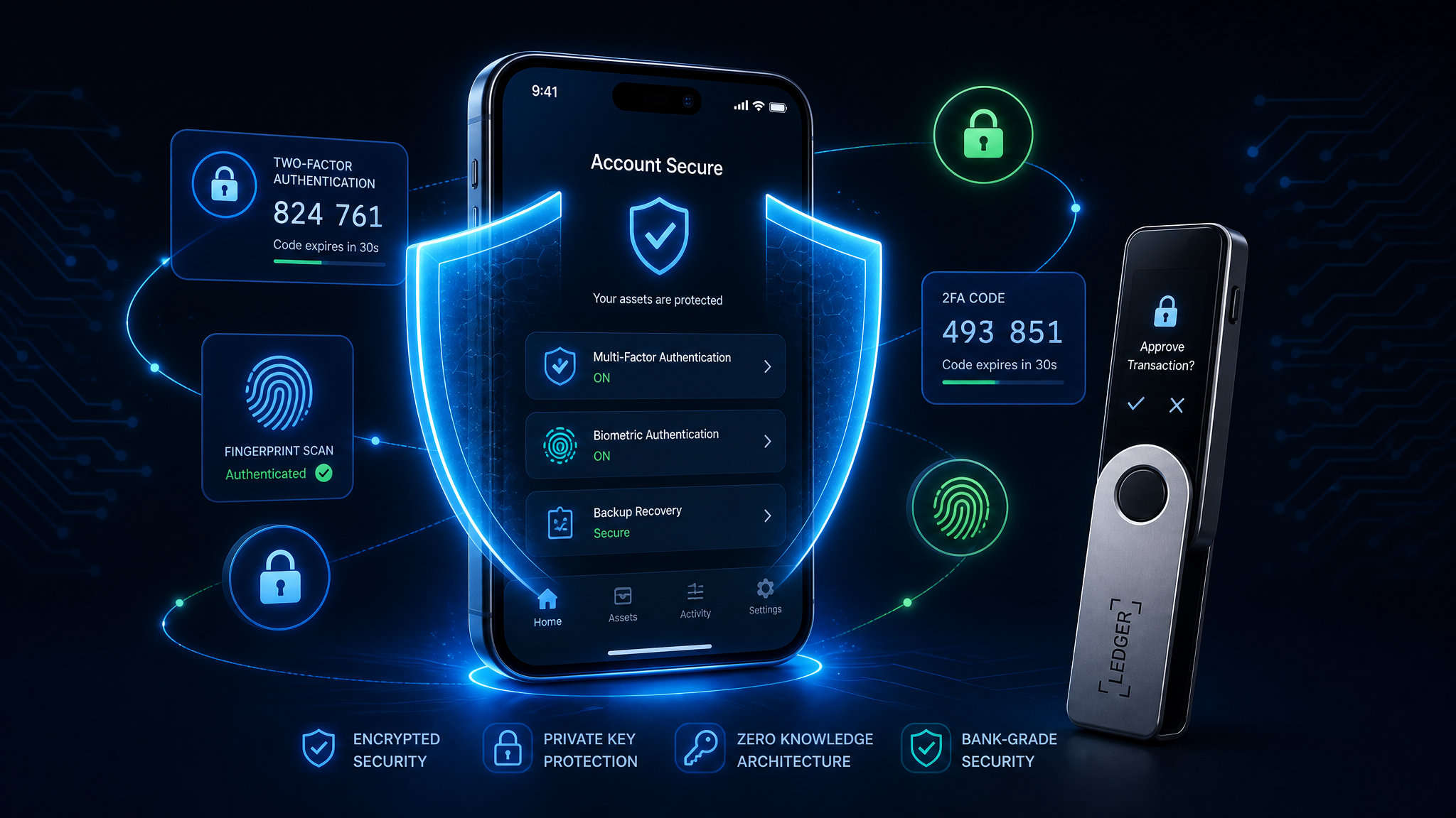Crypto security tips for beginners 2026 — smartphone with shield protection, 2FA authentication, and hardware wallet