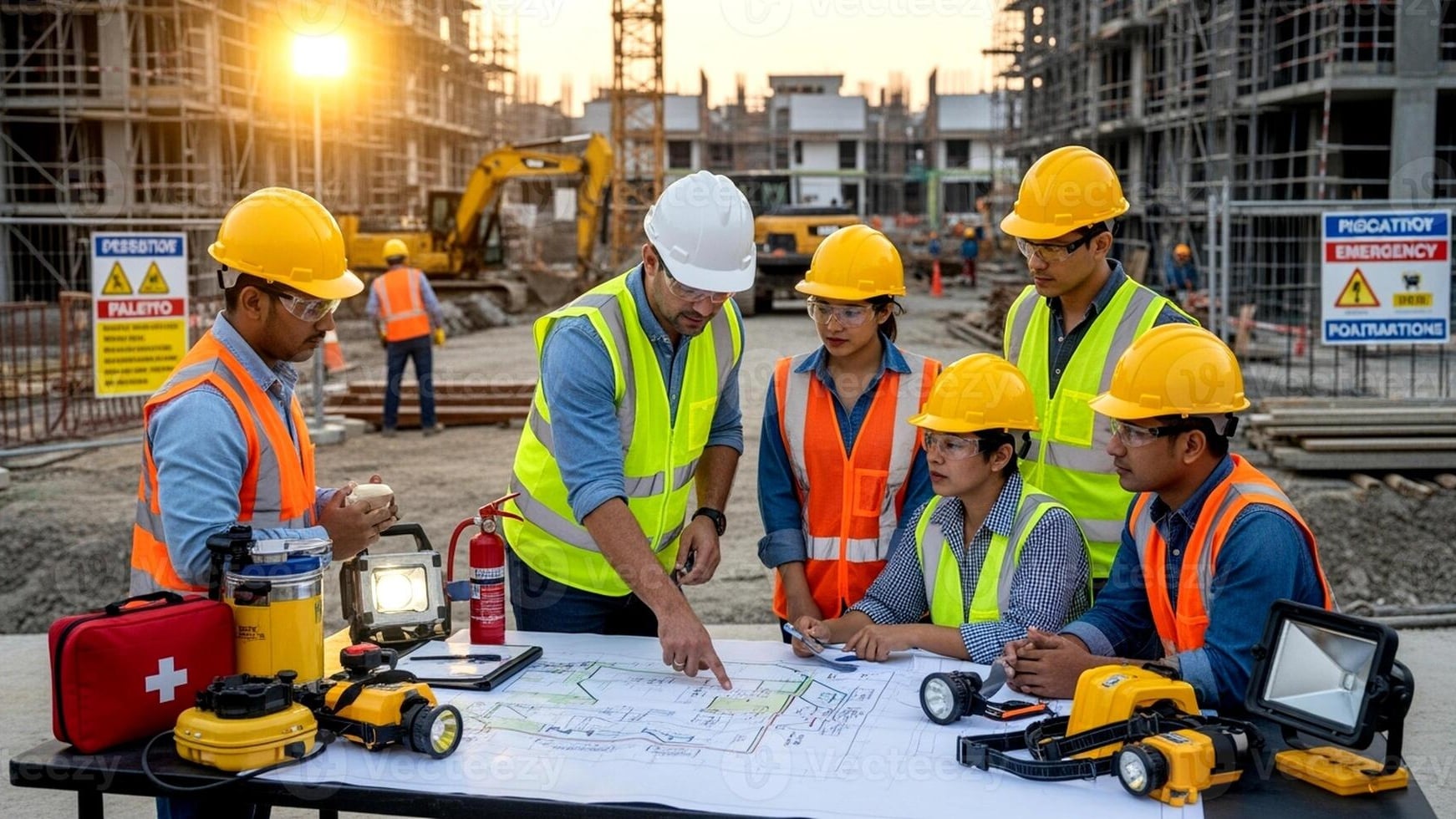 Seolat construction professionals reviewing building plans on site