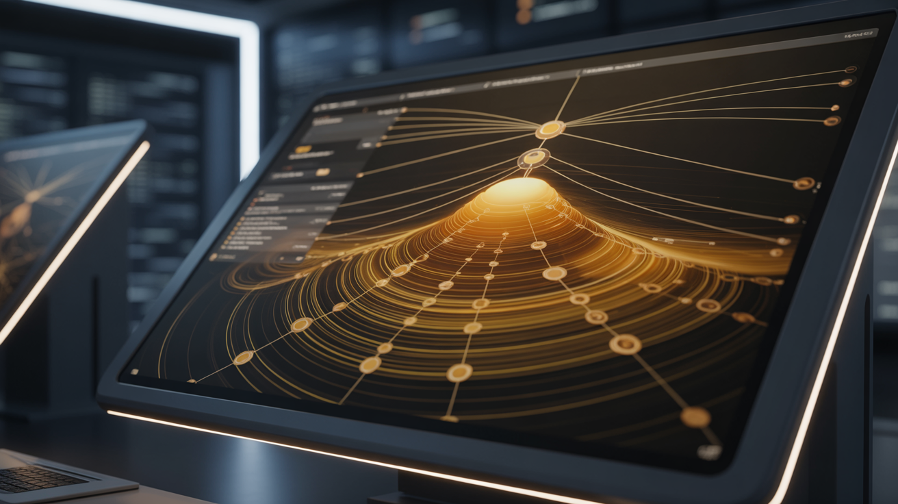 Interactive touchscreen showing network dependency visualization with amber cascade ripple effect