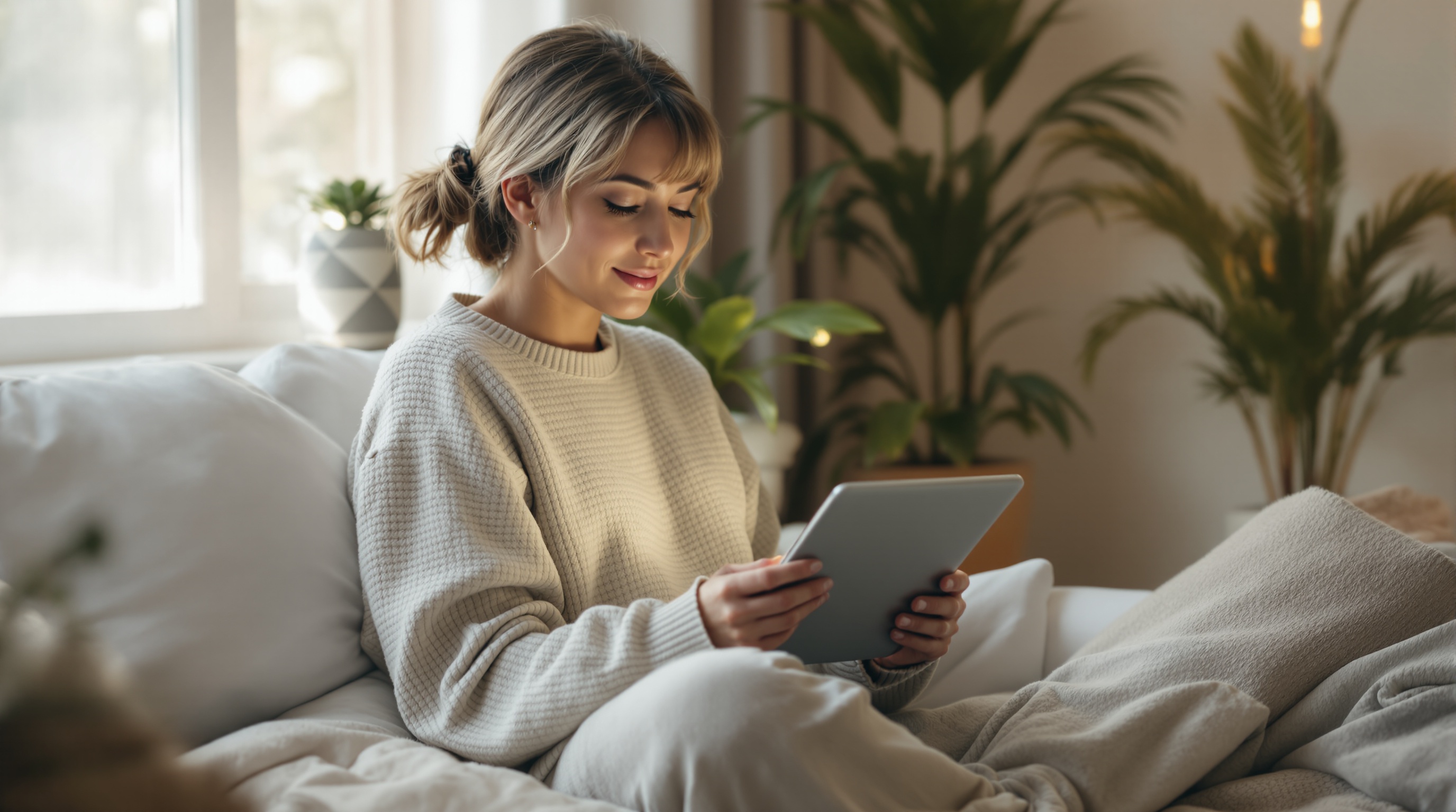 Woman sitting comfortably at home using a tablet in a calm and mindful way