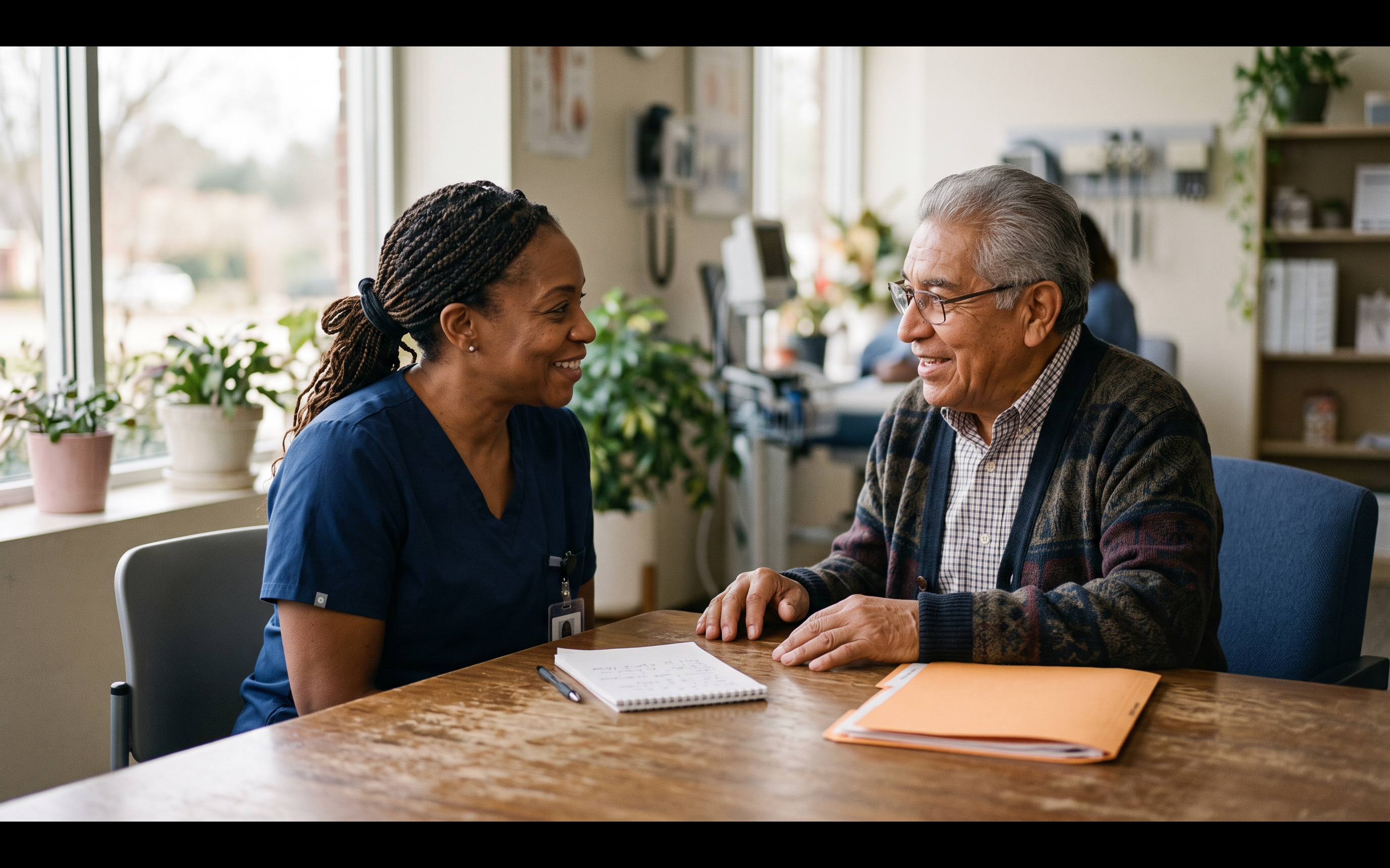 A clinician counseling an older adult patient across a clinic table