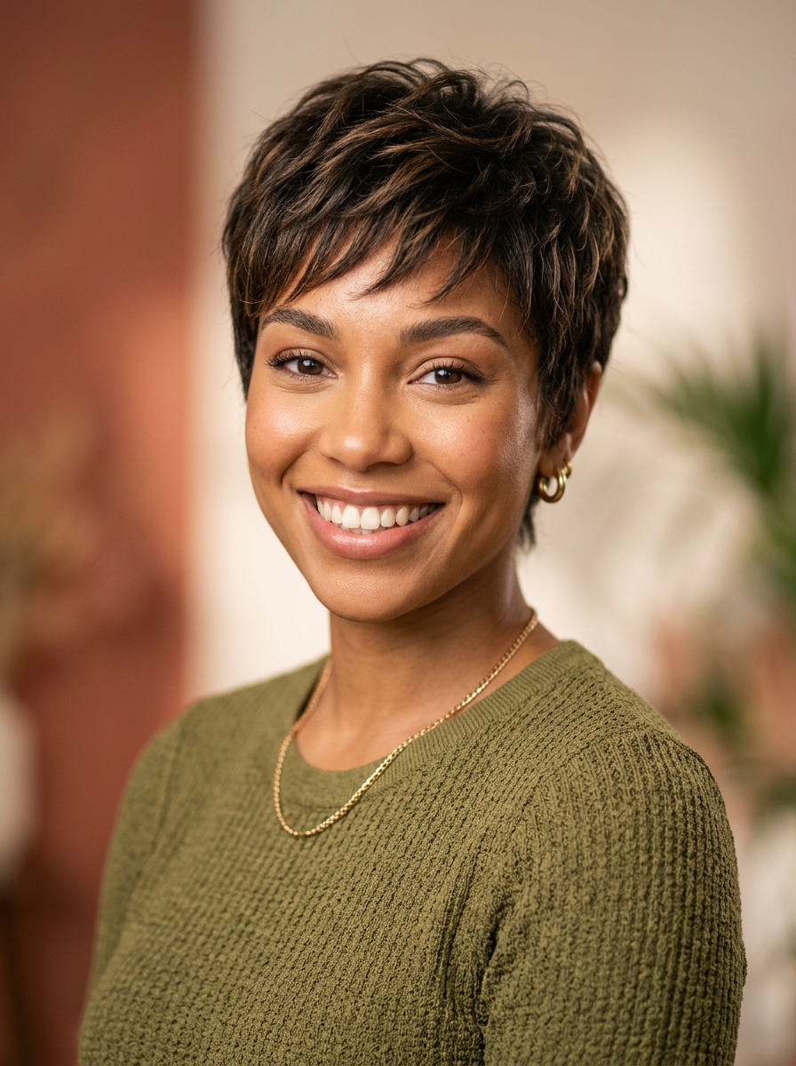 Textured Pixie medical wig on a client