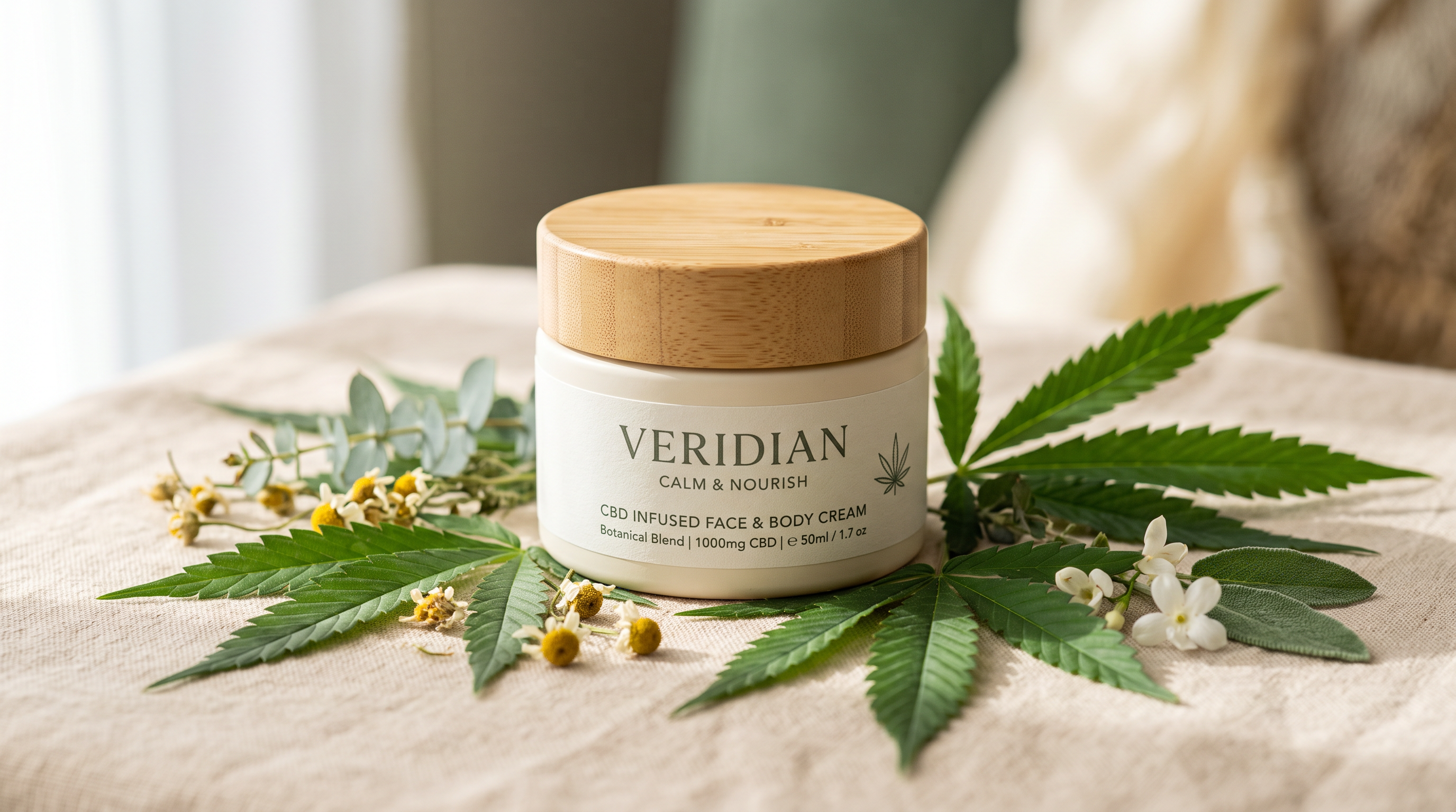 CBD cream and hemp leaves for eczema and psoriasis relief