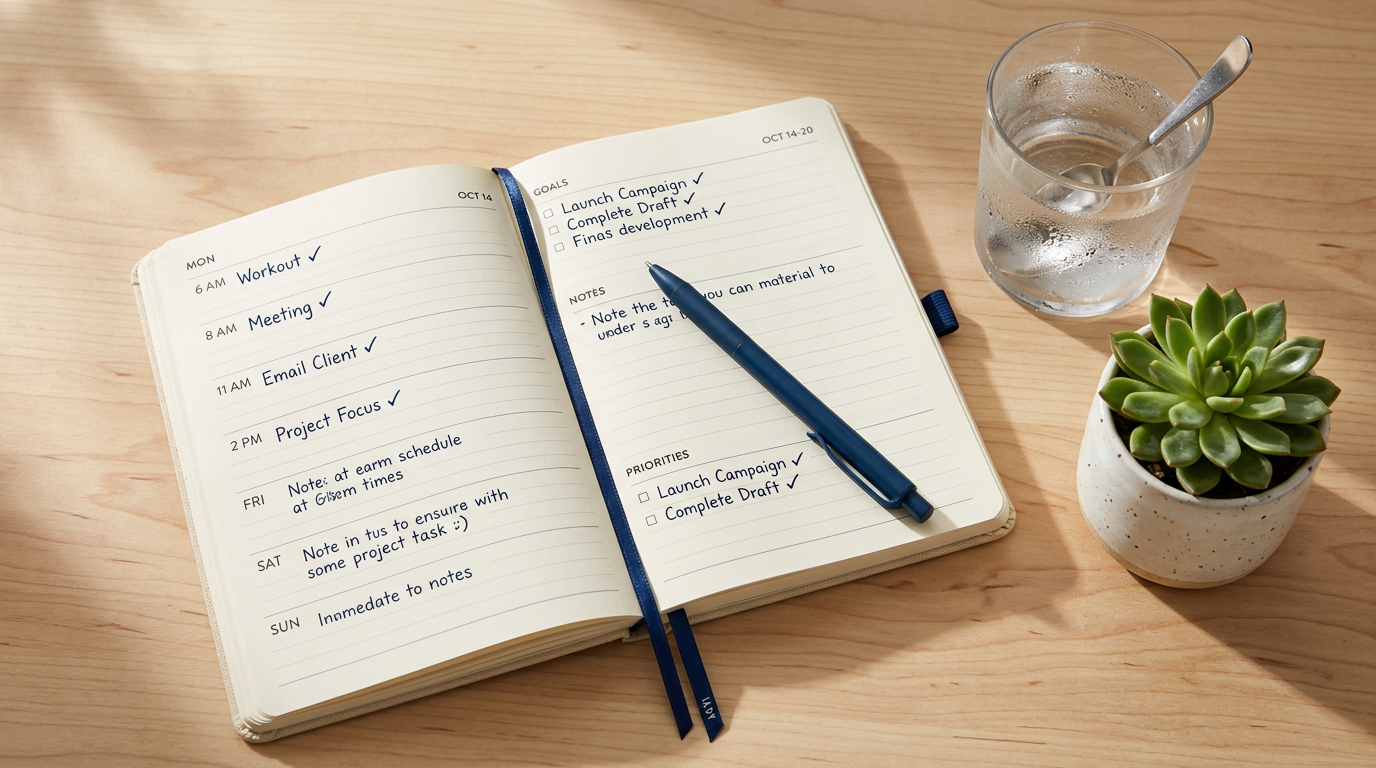 Planner semanal com checkmarks representando acompanhamento de hábitos