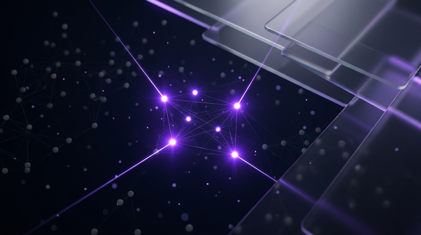 A few brightly glowing violet nodes hit precisely by targeting lines among many dim unlit nodes in the dark, representing focusing on a small number of high-value qualified buyers rather than chasing volume