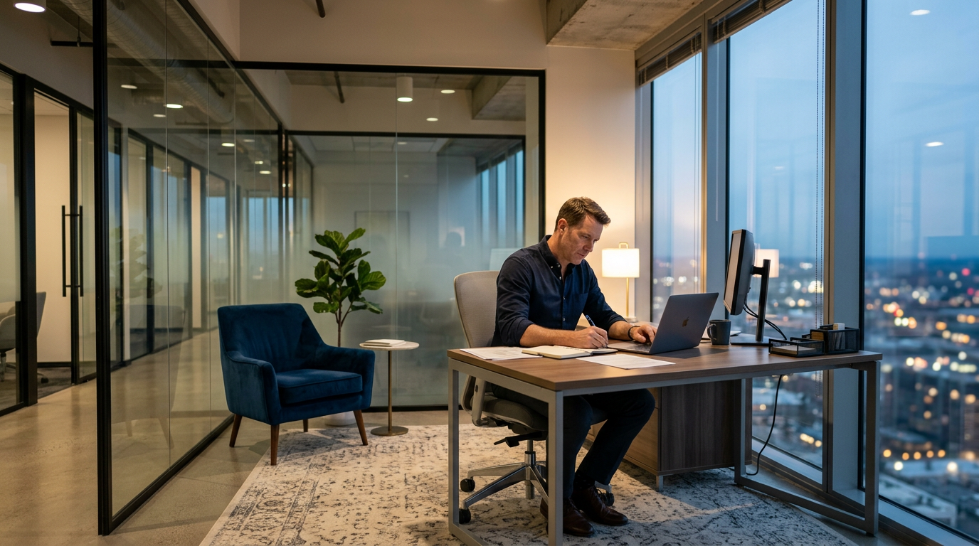 Profissional trabalhando sozinho em escritório privado com vista para a cidade — isolamento para deep work