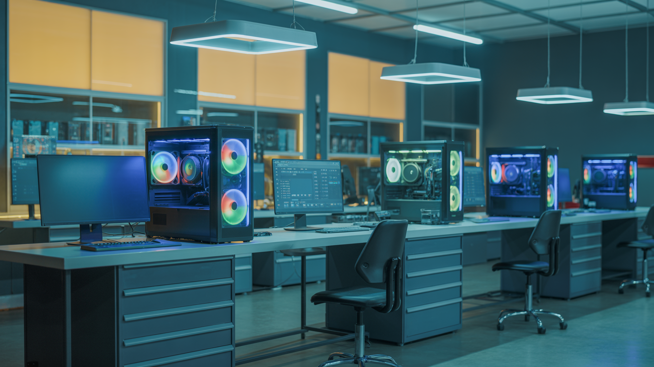 Loja moderna Nobres Tech com PCs gamer iluminados