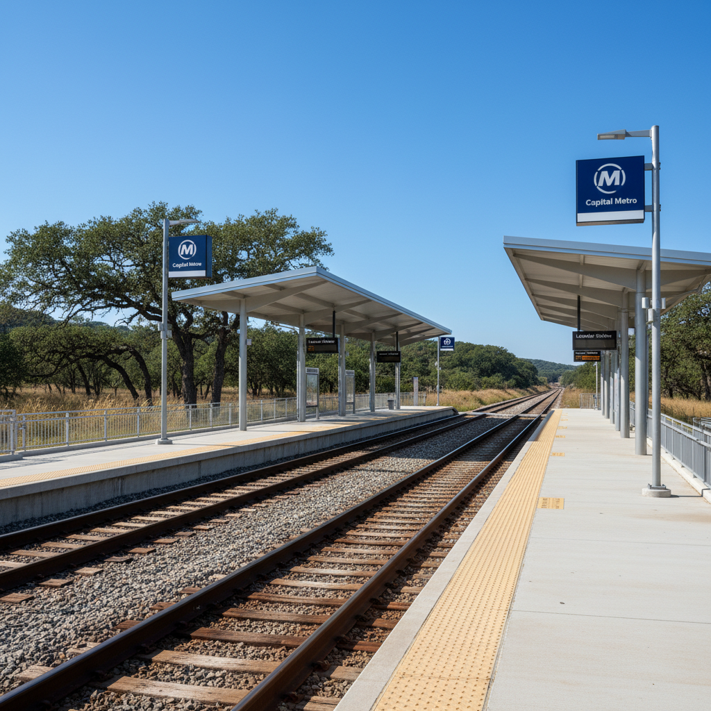 Capital Metro Leander Station rail platform for commuters relocating to Leander, TX