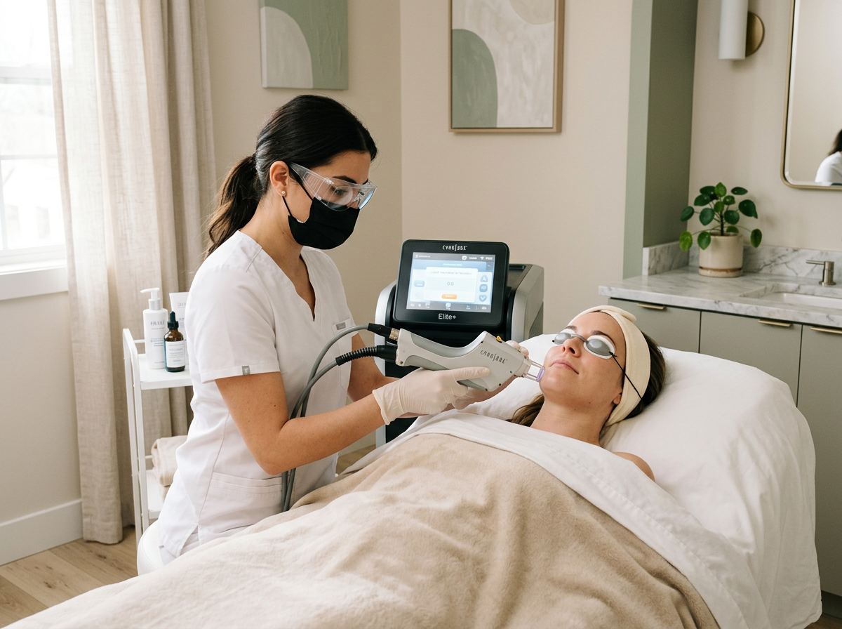 Profissional realizando tratamento estético a laser em ambiente elegante