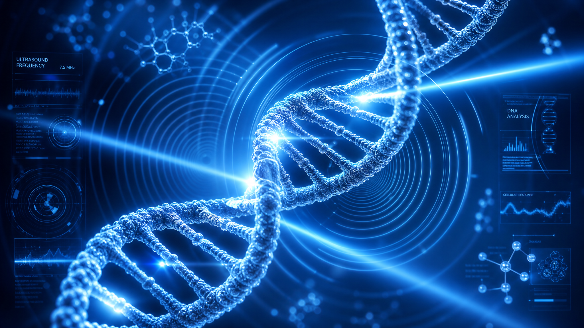 DNA double helix with blue light beams and sound waves