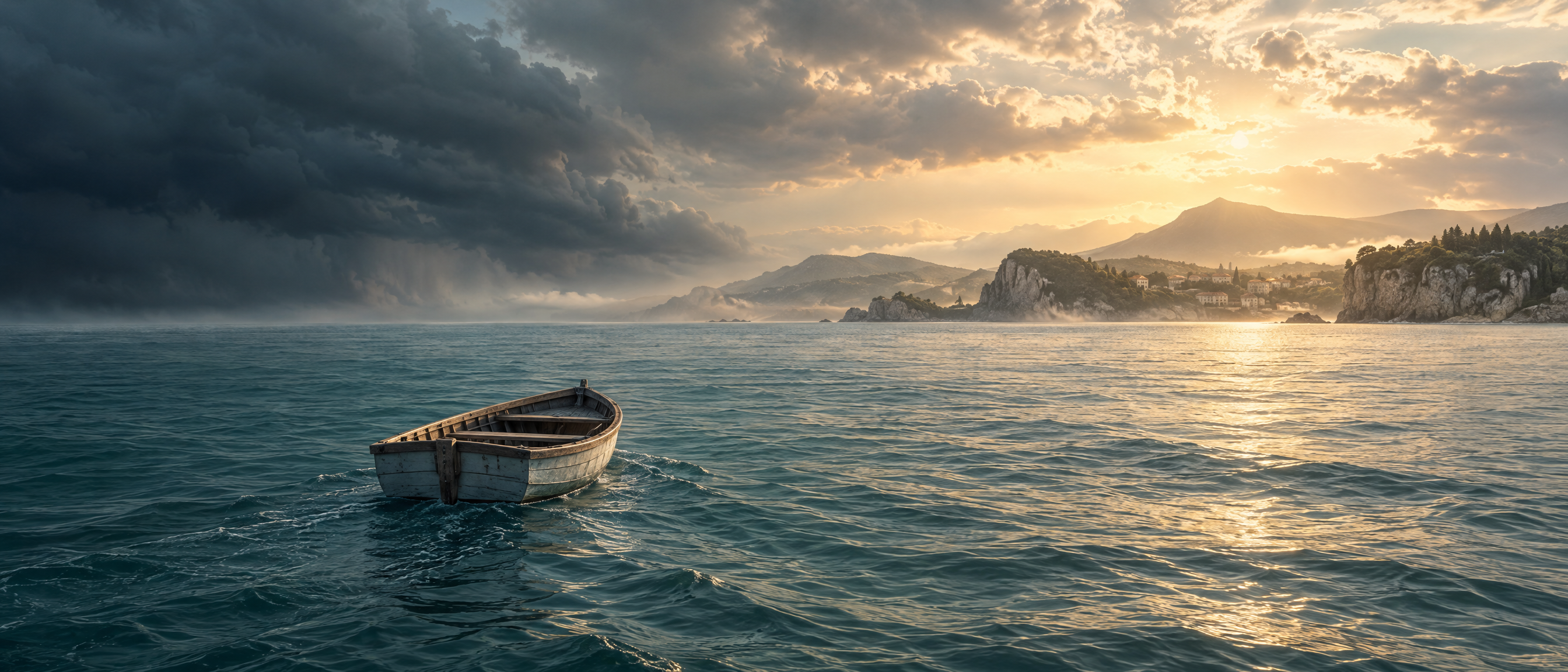 A wooden rowboat on a teal sea beneath clearing storm clouds and golden light over a distant shore