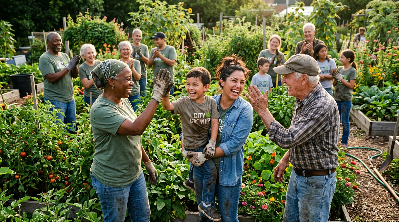 Multi-generational volunteers celebrating together at a community garden