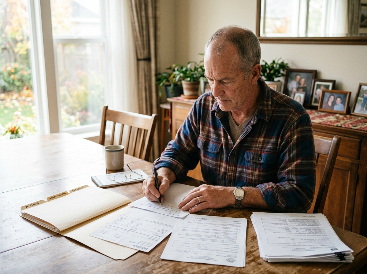 Veteran at a dining table reviewing employment paperwork and pay stubs for a TDIU claim