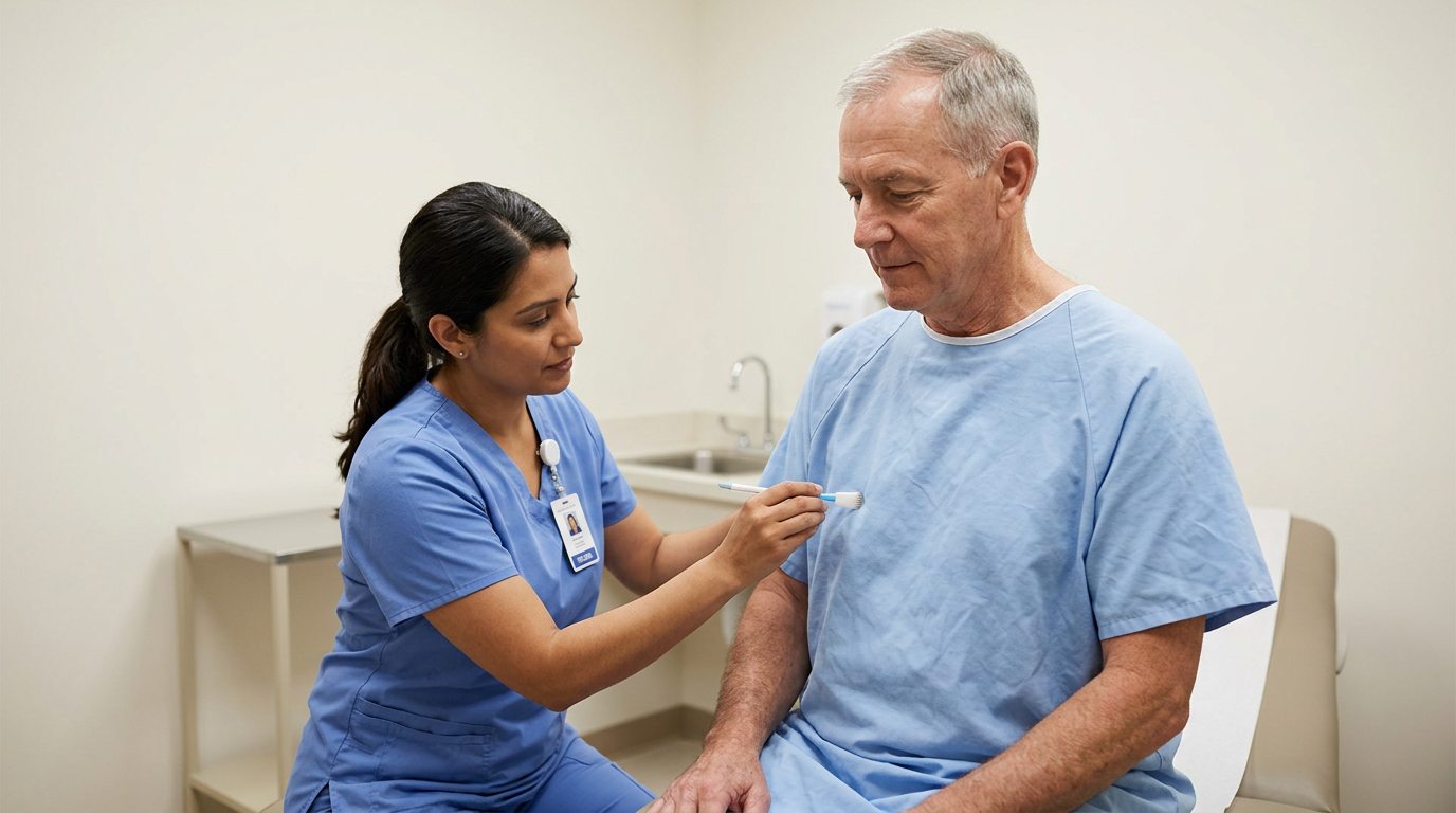 A medical examiner performing a chest-wall sensory test with a light-touch instrument along a seated veteran patient's rib area in a clean clinical exam room