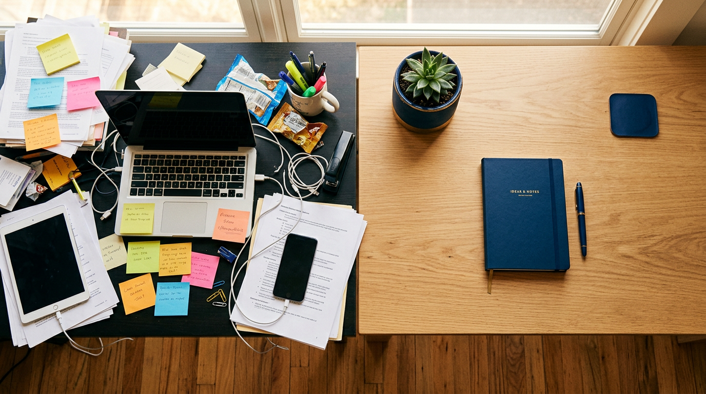 Comparação entre mesa desorganizada e mesa minimalista organizada