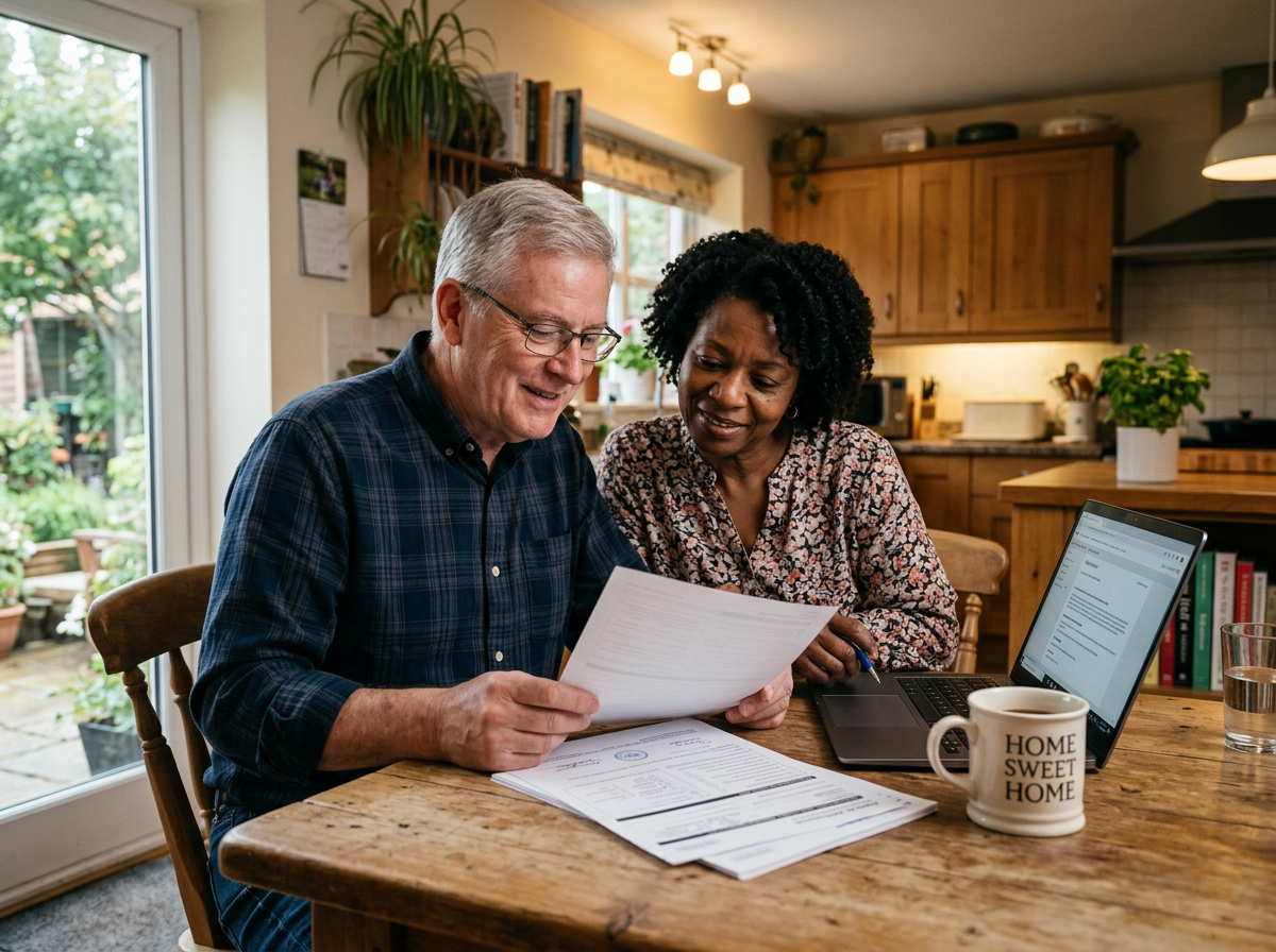 A veteran and their spouse reviewing VA benefit paperwork together at their kitchen table