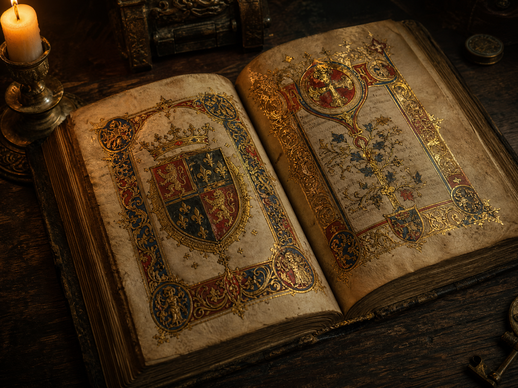 An illuminated medieval manuscript with heraldic gold illumination, bathed in candlelight