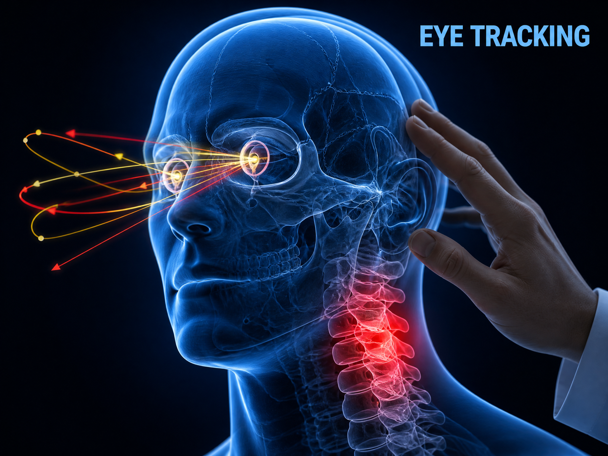 Anatomical illustration of smooth-pursuit eye tracking testing with the upper cervical region highlighted